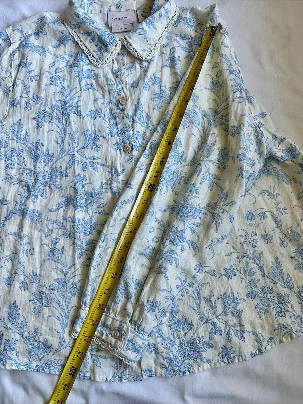 Laura Ashley Cream and Light Blue Floral Lace Trim 100% Linen Button Down Shirt - Picture 10 of 16